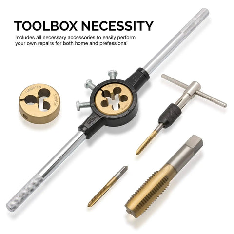Pro-Grade Titanium SAE Tap and Die Set for Large Diameter Threads, 45-Piece Thread Repair Kit with UNC and UNF Options parts shown.