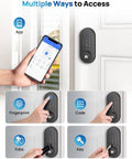 Smart Door Lock With Fingerprint And App Control Keyless Entry No Keys Needed Auto Lock Deadbolt Electronic Keypad For Front Door Home Or Apartment Use With Temporary Codes And Full Access History shown with multiple access methods including smartphone, fingerprint, codes, and fobs.