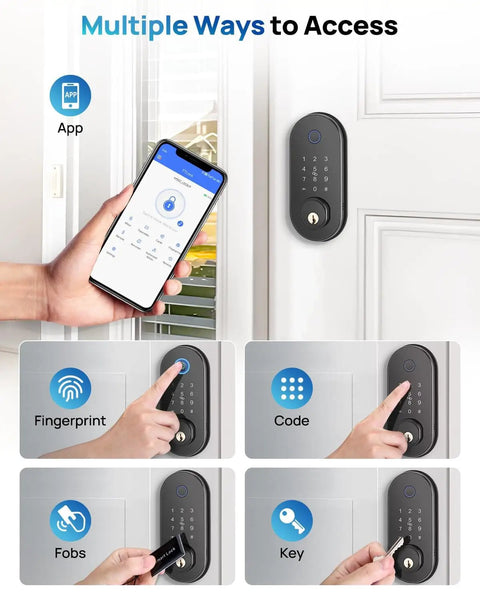 Smart Door Lock With Fingerprint And App Control Keyless Entry No Keys Needed Auto Lock Deadbolt Electronic Keypad For Front Door Home Or Apartment Use With Temporary Codes And Full Access History shown with multiple access methods including smartphone, fingerprint, codes, and fobs.