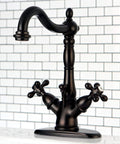 Heritage Two-Handle Bathroom Faucet In Oil Rubbed Bronze With Brass Pop-Up Drain And Cover Plate, 4-Inch Centerset, Front View