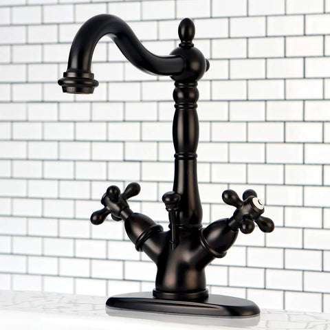 Heritage Two-Handle Bathroom Faucet In Oil Rubbed Bronze With Brass Pop-Up Drain And Cover Plate, 4-Inch Centerset, Front View