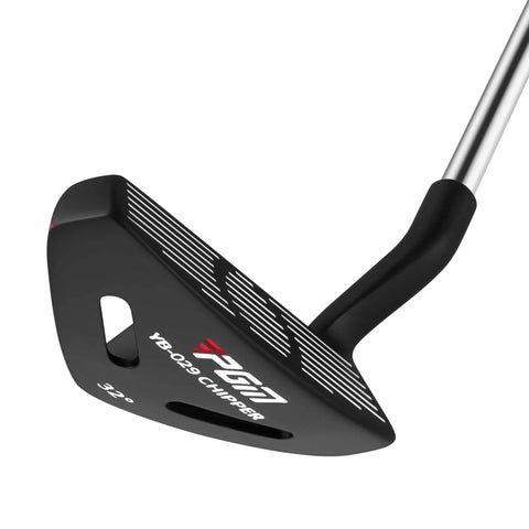 Close-up of a 35 Inch Right Handed Golf Chipper with 32 Degree Loft showing the sleek black club head and anti-slip grip design.