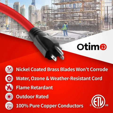 Red 100 Ft Outdoor Extension Cord 12/3 SJTW, 2-Pack with 3-Prong Plug and construction site background.