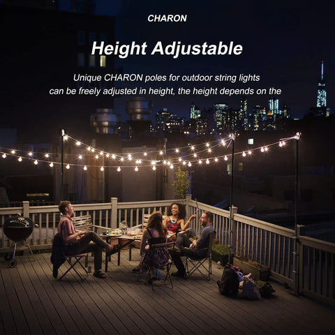 Outdoor String Light Poles 2 Pack 9 Ft Adjustable Pole And Bracket Kit for deck, people enjoying night lighting on patio