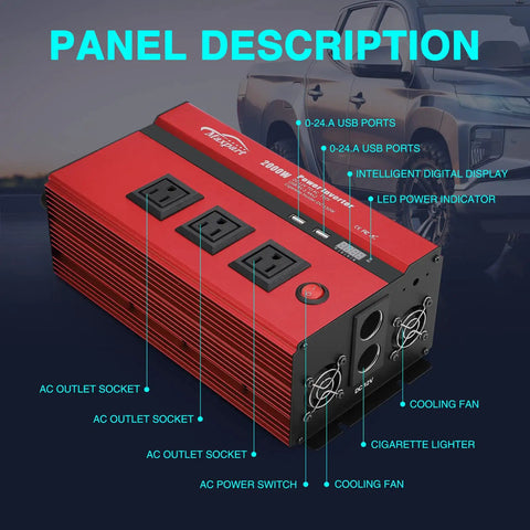 2000W Car Power Inverter 12V To 110V AC Converter With 4000 Watt Surge, features multiple AC sockets and USB ports.