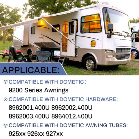RV with extended awning showcasing compatibility for RV Awning Motor Drive Repair Kit For 9200 Series Awnings Replacement Parts 3317084.000U