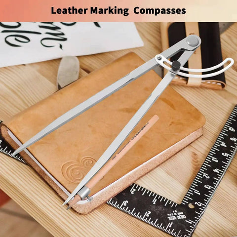 Tough As Nails All Metal Drafting Compass With Adjustable Wing Divider and Secure Pencil Holder on leather notebook