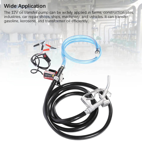 12V Self Priming Oil Transfer Pump With Switch For Gasoline And Kerosene Compact Electric Fuel Pump Delivers Up To 10 GPM 16 Feet Max Lift Heavy Duty Motor Protection And Metal Filter Ideal For Quick Fuel Transfers, with hoses and nozzle