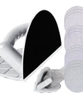 Pro Grade Drywall Corner Sander 9 Inch With Hook And Loop Backing showing semi circular pad and 12 sandpapers for corners