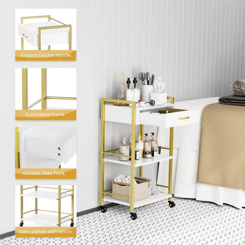 Salon Trolley Cart With Wheels For Estheticians, Mobile Beauty Cart With 1 Drawer And 2 Trays, Pro Grade Spa Storage Organizer
