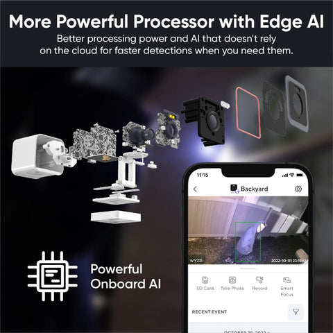 Exploded view of 2K Indoor Outdoor WiFi Security Camera With Color Night Vision Edge AI Integrated Spotlight And Siren 2 Way Audio Works With Alexa and Google Assistant White next to a smartphone showing AI detection alert.
