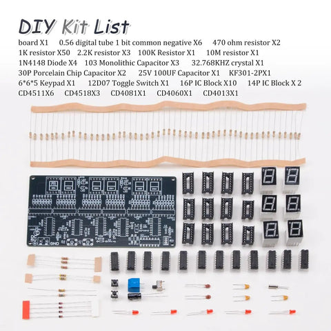 Components of 6 Digit DIY Digital Clock Kit For Soldering Practice, DC 4.5V To 5.5V Circuit Board, No Microcontroller