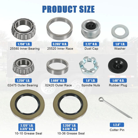 Amazon 4-set 8000-lb trailer axle bearing kit with outer 1.25" ID bearings, inner 1.75" ID bearings and grease seals