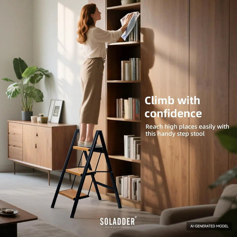 Three Step Ladder With Anti Slip Pedals, Folding Step Stool In Black And Woodgrain, Lightweight Aluminum Frame, Non Slip Feet For Stable Climb, Easy Open Fold, Built To Last For Home, Garage, And DIY Projects used for reaching high bookshelf