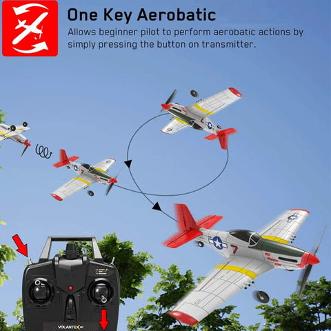 Remote Control Warbird Plane With Four Channel Flight For Outdoors Ready To Fly RTF performing aerobatics with controller.