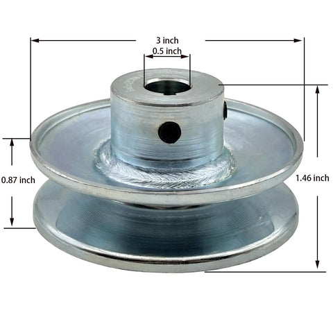 Single Groove V Belt Pulley For A B 5L 4L Belts Carbon Steel Motor Pulley Three Inch Outside Diameter One Half Inch Bore Zinc Plated Durable Pulley With Keyseat And Hardware showing dimensions.