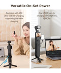 Dual view of 5000mAh Battery Grip for Pocket 4 by 3 Camera with 20W fast charge in use with laptop and phone connection setup.