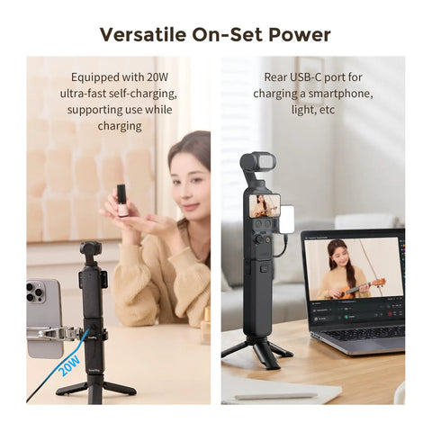 Dual view of 5000mAh Battery Grip for Pocket 4 by 3 Camera with 20W fast charge in use with laptop and phone connection setup.