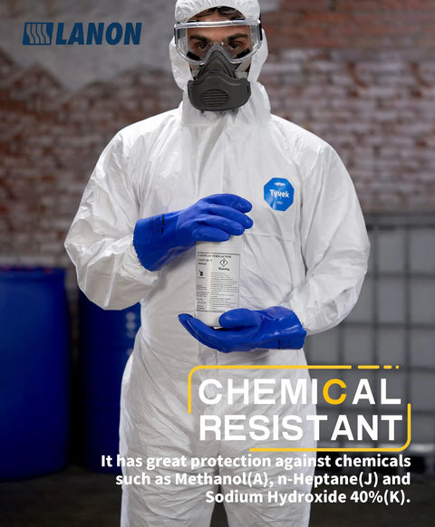 Premium Pvc Chemical Gloves With Sturdy Nonslip Grip And Serious Oil Acid Alkali Shield For Daily Tradesman Tasks And Yard Work That Actually Hold Up Under Heavy Use, worn by person in protective gear holding a chemical container.