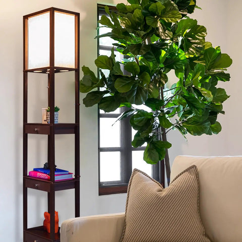 Maxwell Drawer Edition Shelf Floor Lamp With Drawer For Corner Display In Living Room Bedroom And Office Havana Brown Finish Warm White LED Bulb Energy Saving Long Lasting Modern Dope Space Saver For Any Room