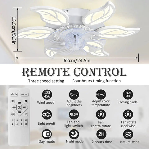 24.5 Inch Dope Modern Ceiling Fan With Lights Remote Control, features invisible blades, remote and settings icons visible.