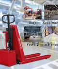 Heavy Duty Electric Scissor Pallet Jack 3300lb Capacity Walkie Truck with 45x27 Forks in warehouse settings.