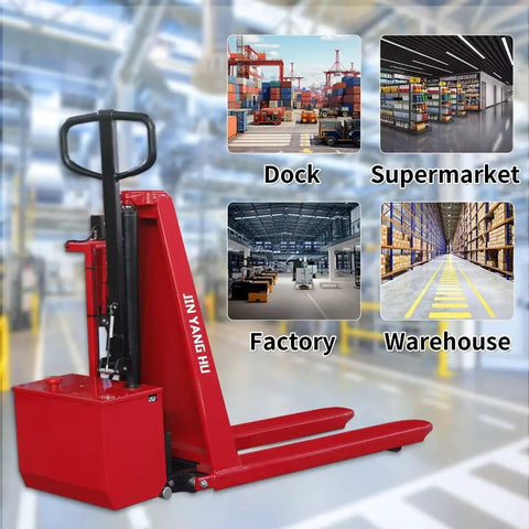 Heavy Duty Electric Scissor Pallet Jack 3300lb Capacity Walkie Truck with 45x27 Forks in warehouse settings.
