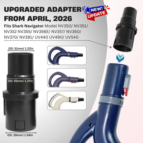 Crevice Tool Attachment With Adapter Kit for Shark vacuum models, showing upgraded adapter and compatible handles for NV350 NV360 NV500.