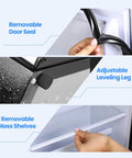Removable door seal and adjustable leveling leg of Straight Up Game Changer 3.2 Cubic Foot Mini Fridge with separate freezer.