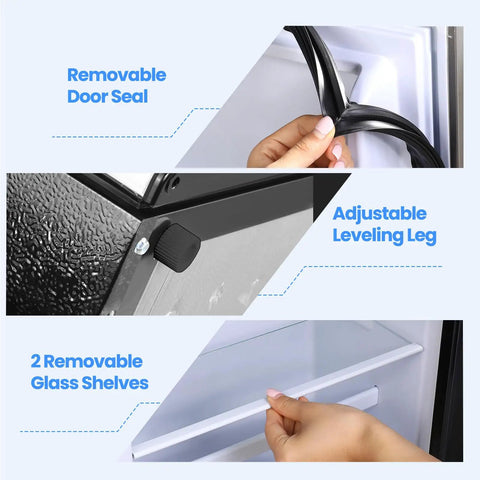 Removable door seal and adjustable leveling leg of Straight Up Game Changer 3.2 Cubic Foot Mini Fridge with separate freezer.