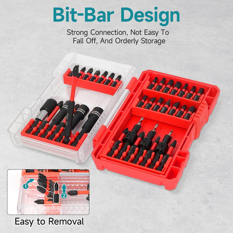 Heavy Duty 35 Piece Impact Driver Bit Set with Storage Case, showcasing magnetic screwdriver bits, countersink drills, and sockets