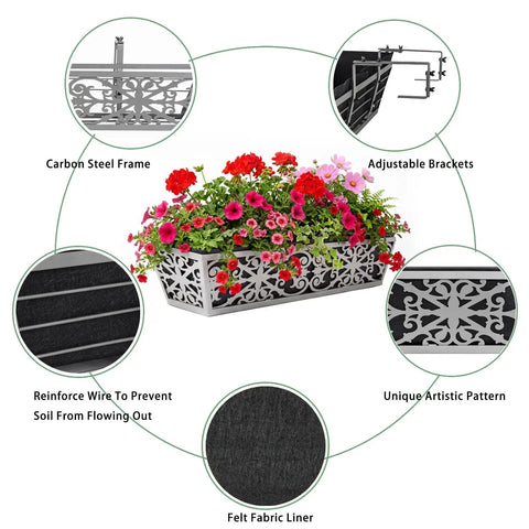 2 Pack 24 Inch Window Boxes Planter For Outdoor Plants With Adjustable Brackets includes flowers and non woven fabric liner