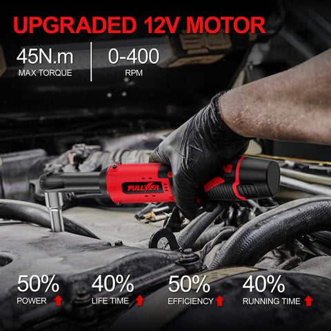 Cordless Ratchet Wrench Kit With LED Light in use, showing 12V power, 45Nm torque, 400 RPM; red tool in automotive engine setting.