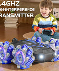 Child playing with Dope Gesture Sensing RC Stunt Car With Lights And Music Hand Gesture Remote Control 360 Degree Spins Toy