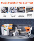 VEVOR Benchtop Metal Lathe Machine 7.87 X 13.78 Inches Precision Power Mill Tool showcasing 3-jaw chuck and V-shaped precision guide.