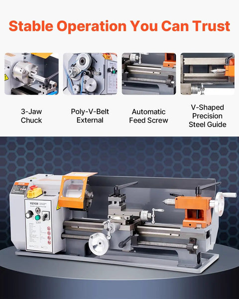 VEVOR Benchtop Metal Lathe Machine 7.87 X 13.78 Inches Precision Power Mill Tool showcasing 3-jaw chuck and V-shaped precision guide.