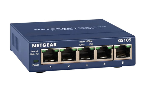 Side view of 5 Port Gigabit Ethernet Unmanaged Switch GS105NA for home or office use with plug and play capability