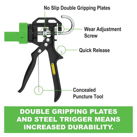 Diagram of B12 B Line Manual Caulking Gun for ten ounce cartridges detailing no slip grips, wear adjustment screw, quick release, puncture tool.