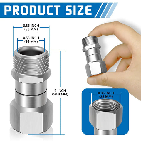 2 Pack M22 to 14mm Pressure Washer Swivel Fittings, Anti Twist Connector Joint, 360 Degree Kink Free Swivel for Gun and Hose, Stainless Steel, Handles Up To 5000 PSI showing 22mm and 14mm size