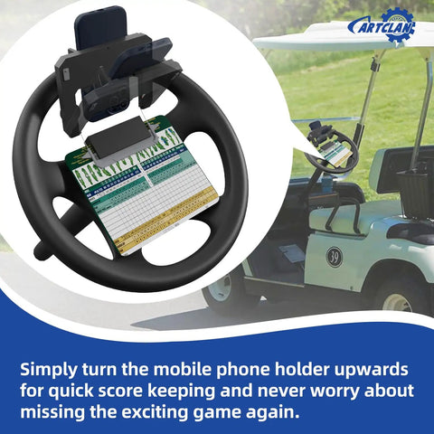 Heavy Duty Flip Up Golf Cart Steering Wheel Cell Phone Mount Fits Club Car EzGo Yamaha Carts With Scorecard Holder attached to steering wheel.