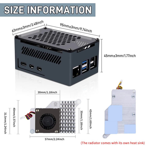 P33 M.2 NVMe M Key PoE Plus Hat With Official Pi 5 Active Cooler And Aluminum Case For Raspberry Pi 5, black case dimensions