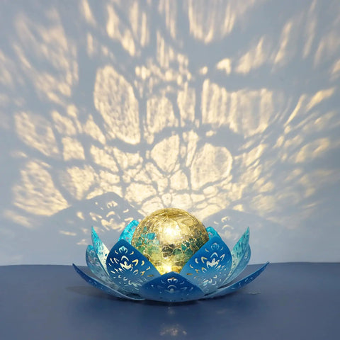Solar Lotus Flower Garden Lights For Outdoor Patio Decor, crackle ball reflecting warm amber glow, blue metal petals