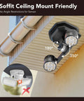 Dope Led Flood Light Outdoor Motion Sensor With Wide 450 Degree Adjustability mounted on soffit, showing rotation angles.