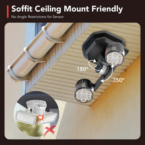 Dope Led Flood Light Outdoor Motion Sensor With Wide 450 Degree Adjustability mounted on soffit, showing rotation angles.