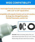 20 Sets Of Three Eighths Inch And One Half Inch Impact Retaining Ring Clips With O Rings Friction Rings Socket Retainer Kit And Anvil Installation Tool For Quick Swaps And Easy Maintenance On Electric And Pneumatic Impact Wrenches displayed with wrench and rings.