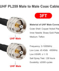 Close-up of 3Ft UHF PL259 Male To Male Coax Cable showing connectors, copper nickel plated outer shell and brass gold plated needle.