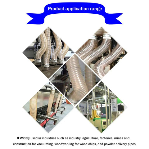 Heavy Duty Workhorse Air Duct Hose For Woodworking Dust Collection Debris Management With Reinforced Steel Wire Core For Kink Free Flex Flow And Rock Solid Shop Performance Three Point Three Feet Long One Point Five Inch Diameter on machinery for effective dust collection.