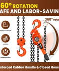 6 Ton Manual Lever Chain Hoist With 10 Foot Lift And 2 Hooks Heavy Duty G80 Chain showing 360 degree rotation and rubber handle