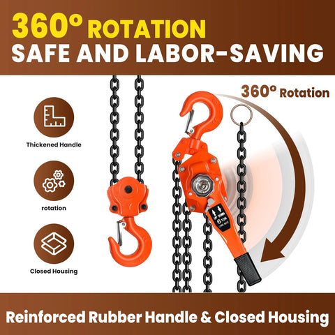 6 Ton Manual Lever Chain Hoist With 10 Foot Lift And 2 Hooks Heavy Duty G80 Chain showing 360 degree rotation and rubber handle