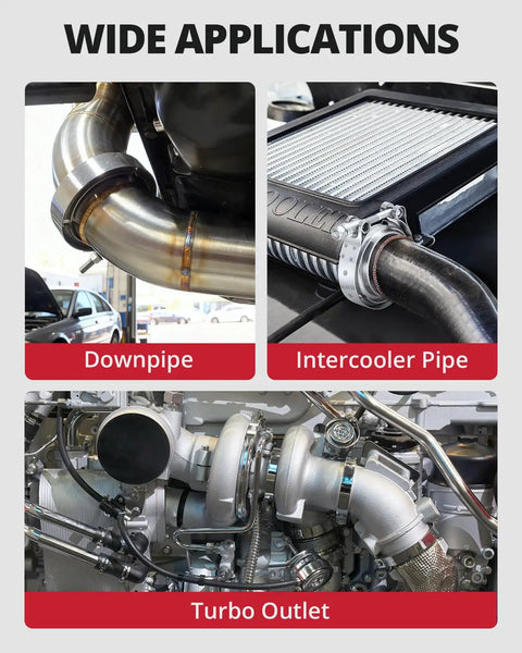 4 Piece V Band Clamp Kit For 2.5 Inch Flanges shown on downpipe, intercooler pipe, and turbo outlet applications